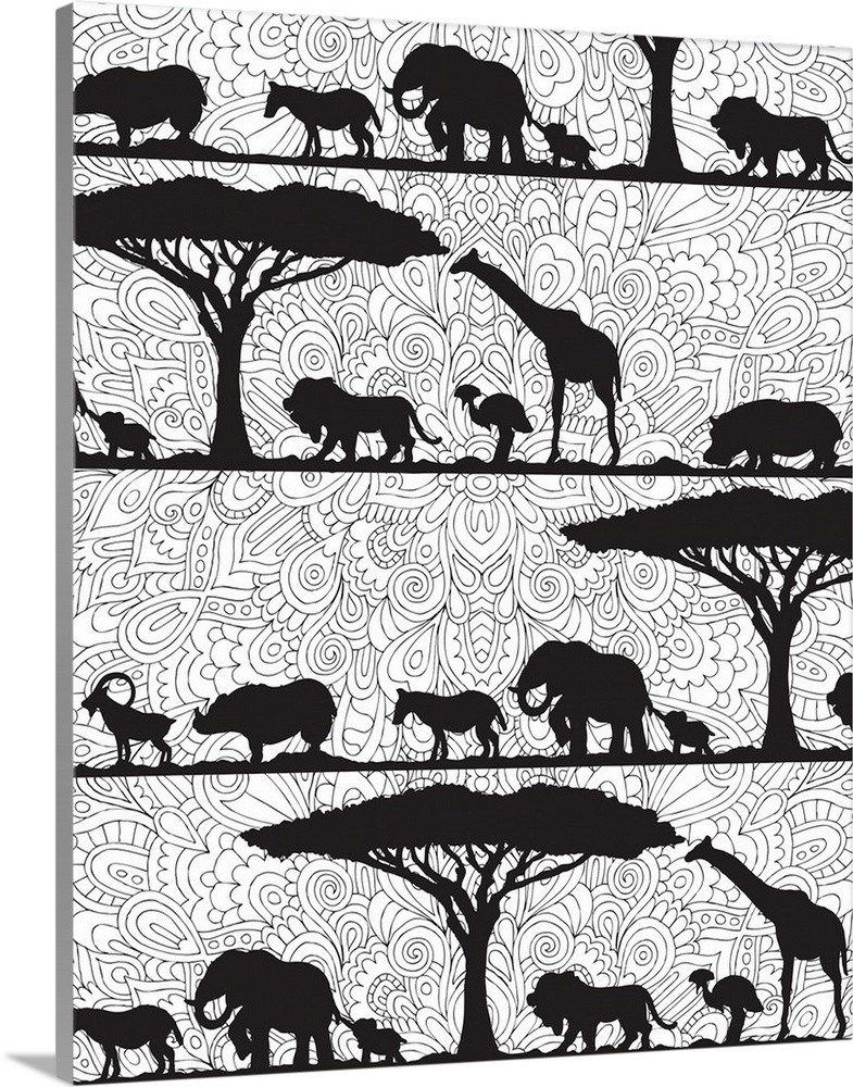 Black and white line art with black silhouettes of jungle animals in a line with trees and an intricately designed backgro...