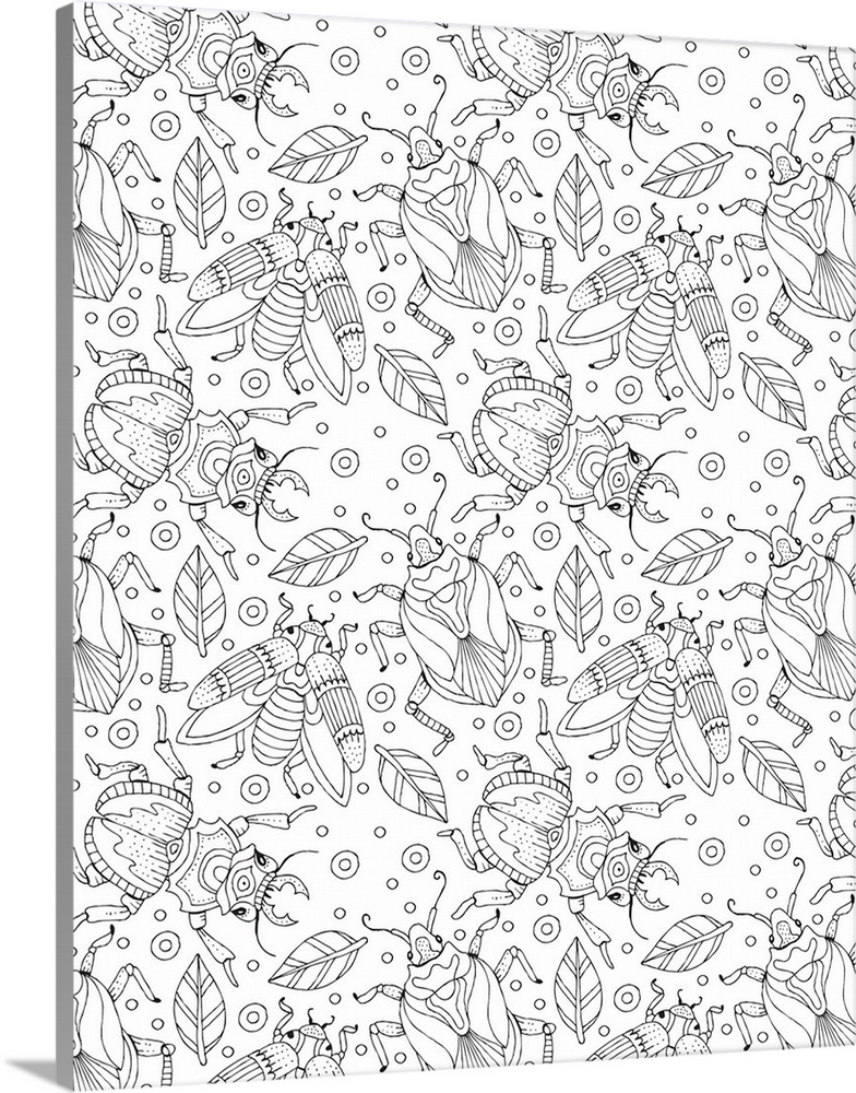 Black and white line art of with a pattern of flies and beetles amongst leaves.