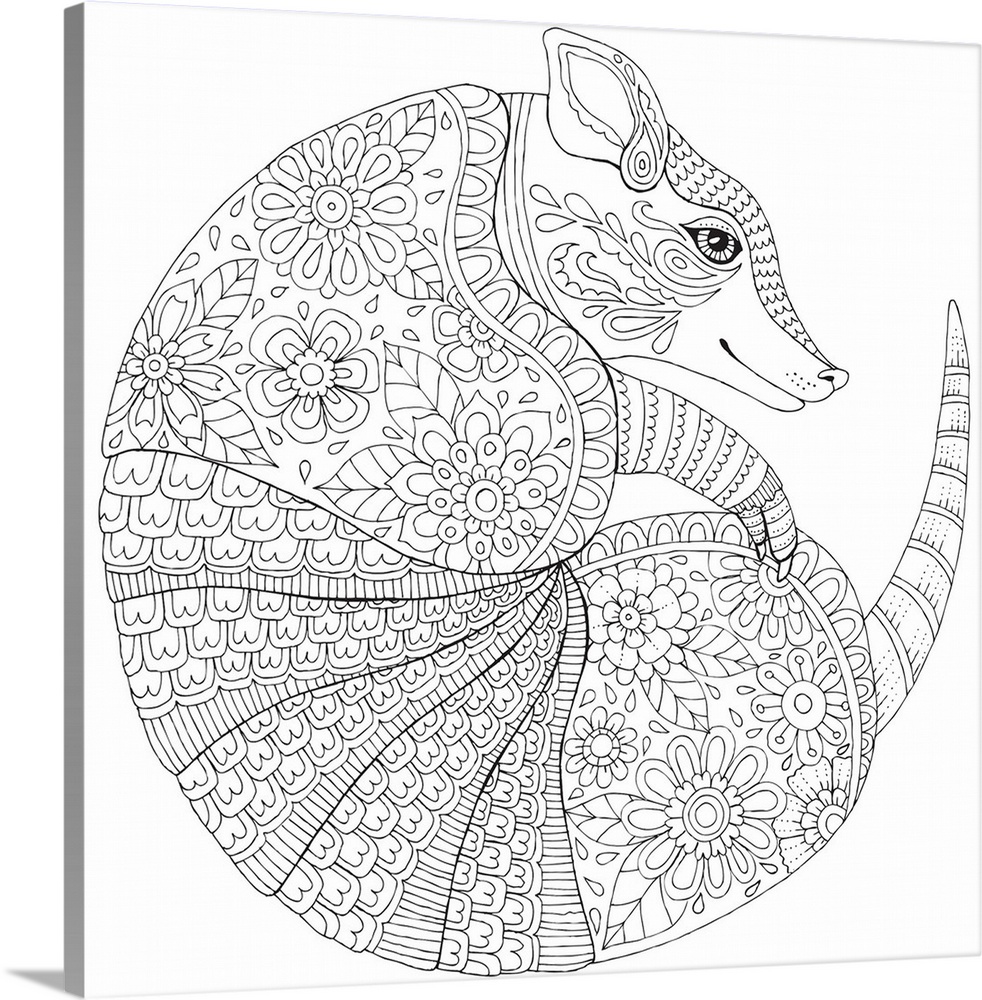 Black and white lined design of an armadillo curled up.