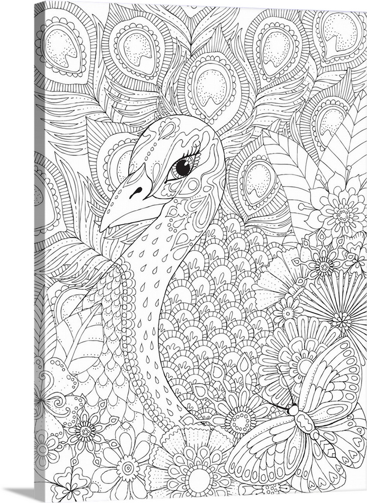 Black and white line art of an intricately designed peacock with flowers at the bottom.