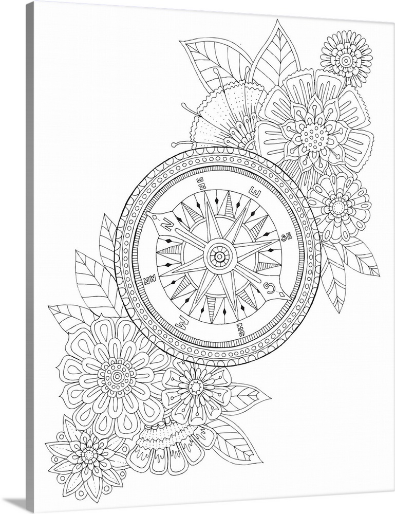 Black and white lined design of a compass surrounded by tropical flowers.