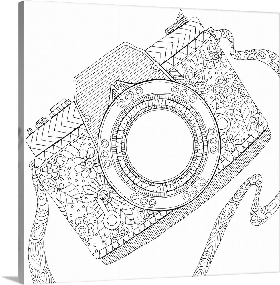 Contemporary lined art of an old school camera designed with flowers.