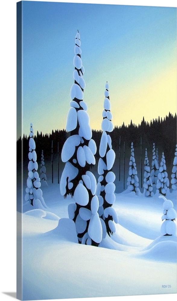 Painting of tall trees with branches weighed down by heavy snow in winter.