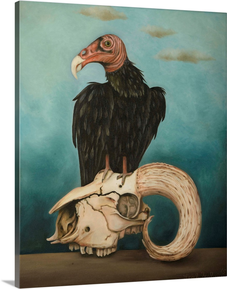 Surrealist painting of a vulture sitting atop a ram skull.