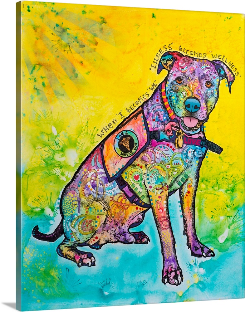 "When I Becomes "We" "Illness" Becomes "Wellness" handwritten around a colorful dog wearing a service vest on a blue and y...