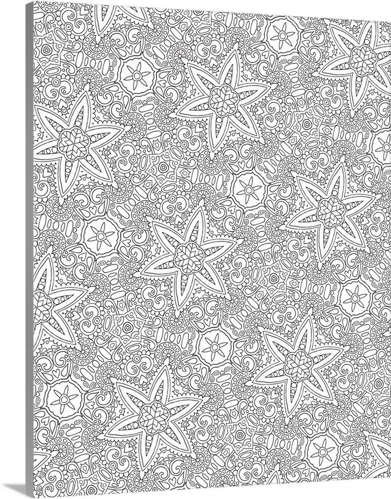 Black and white line art with an intricate kaleidoscope pattern.