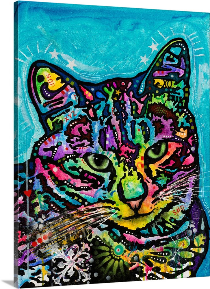 Colorful painting of a cat named Kismet covered in abstract markings on a blue background.