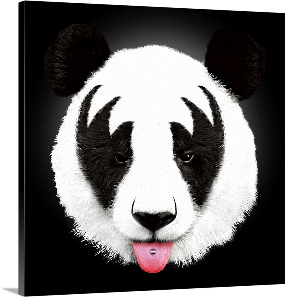 Contemporary portrait of a panda bear with make-up around its eyes and sticking its tongue out.