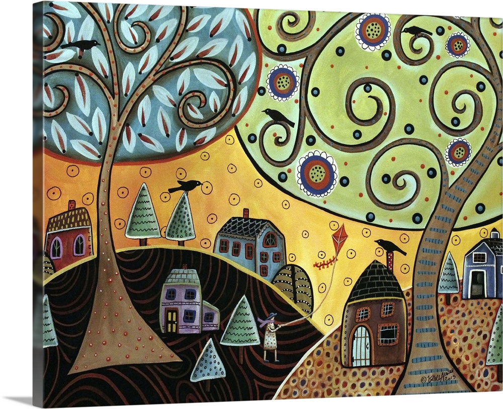 Contemporary painting of a woman flying a kite under two large trees with curly branches in a little village.