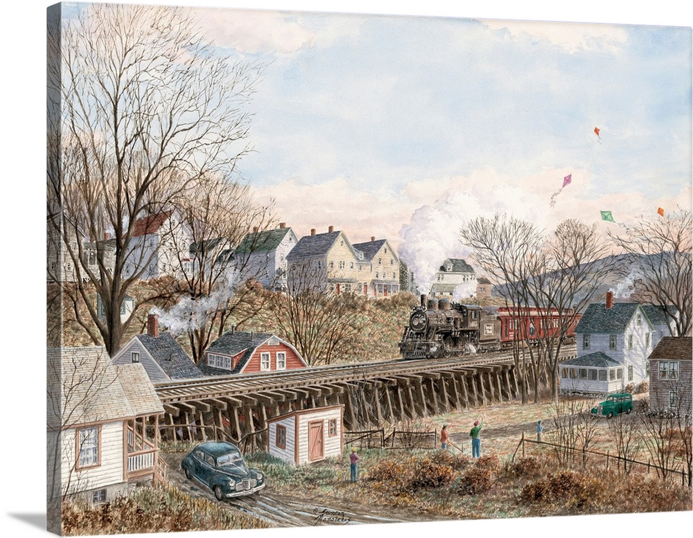 Contemporary painting of an idyllic rural scene with kites high above in the air.