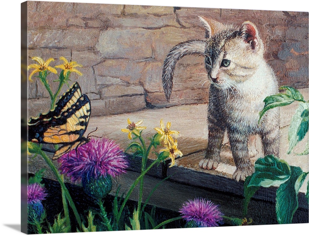 Contemporary artwork of a kitten looking at a butterfly.