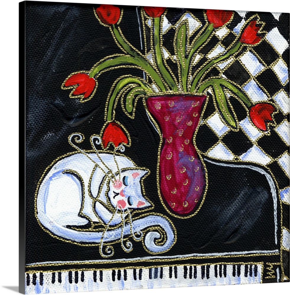 A white cat curled up on top of a piano, next to a vase.