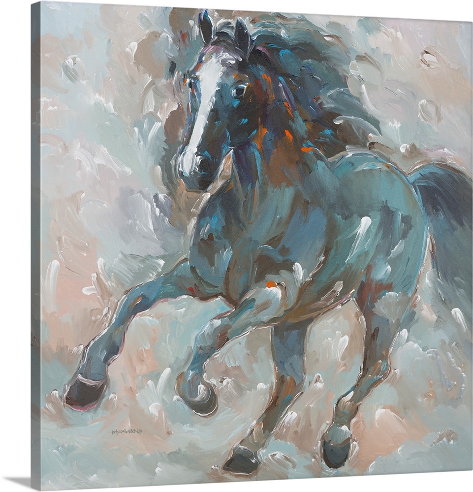Square painting of a cool toned horse on a colorful background with brushstrokes in every direction.
