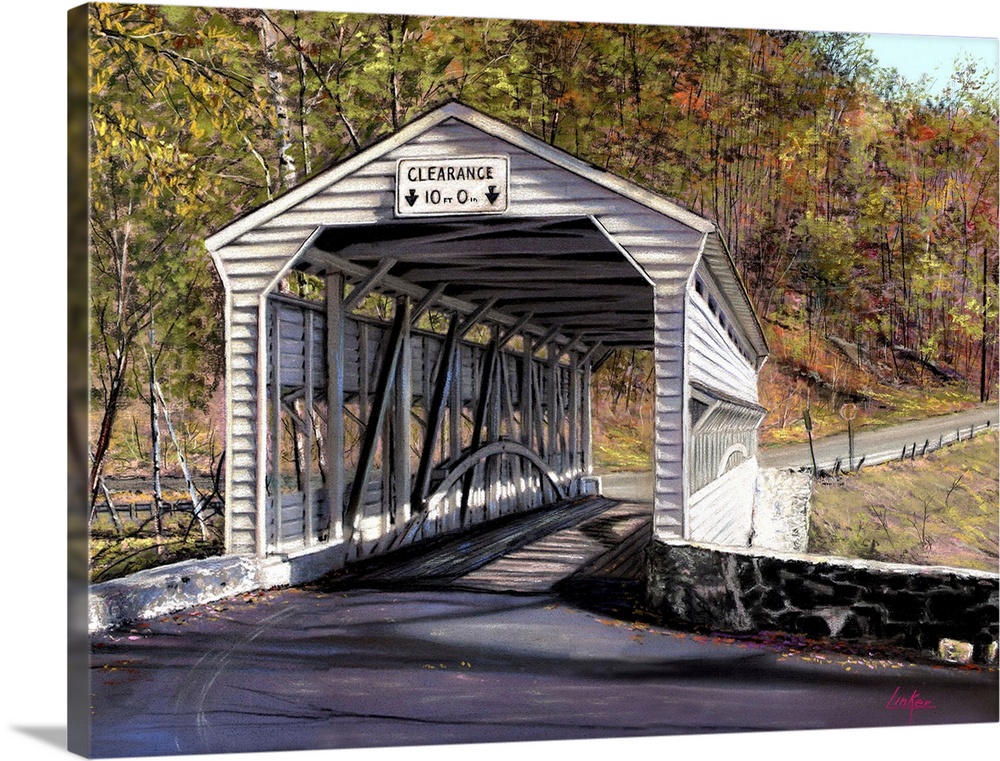 Contemporary scenic painting of a covered bridge.