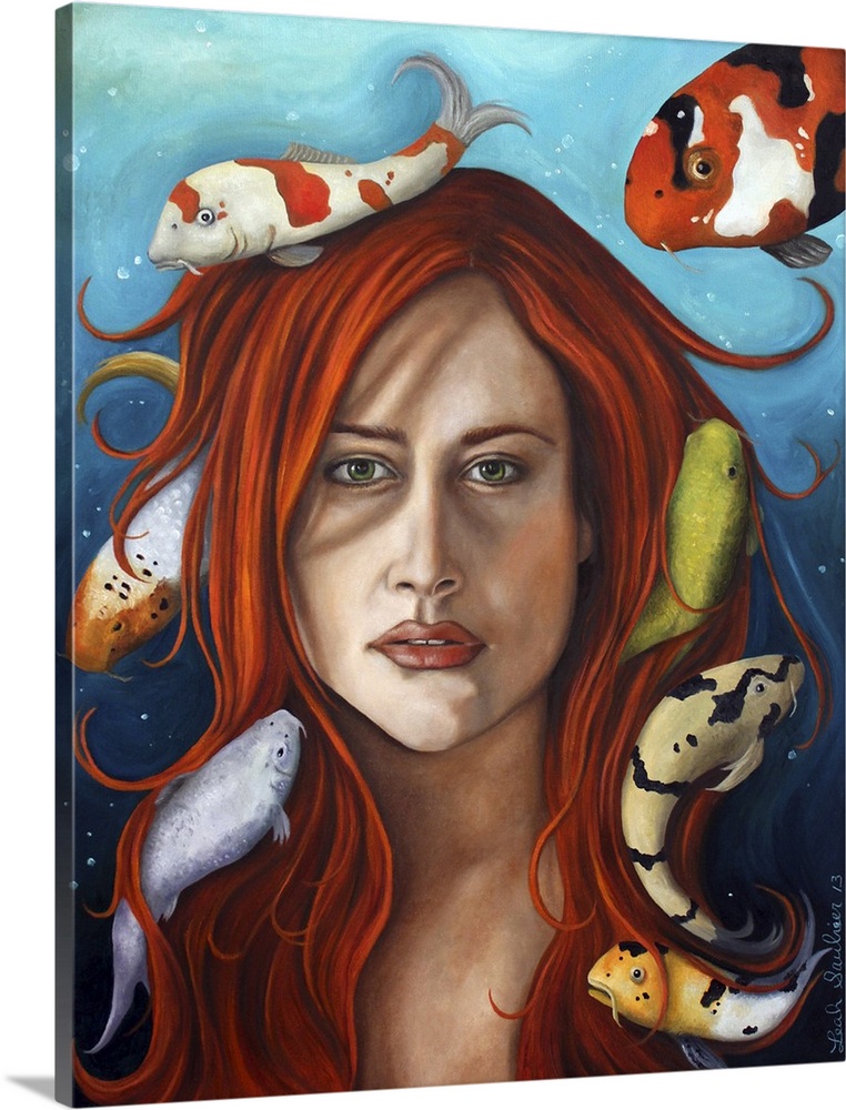 Surrealist painting of a woman with red hair with koi swimming all around her.