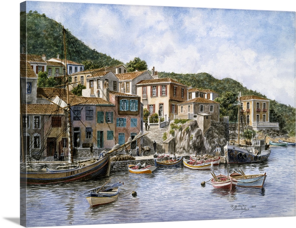 Contemporary painting of a fishing village in Greece.
