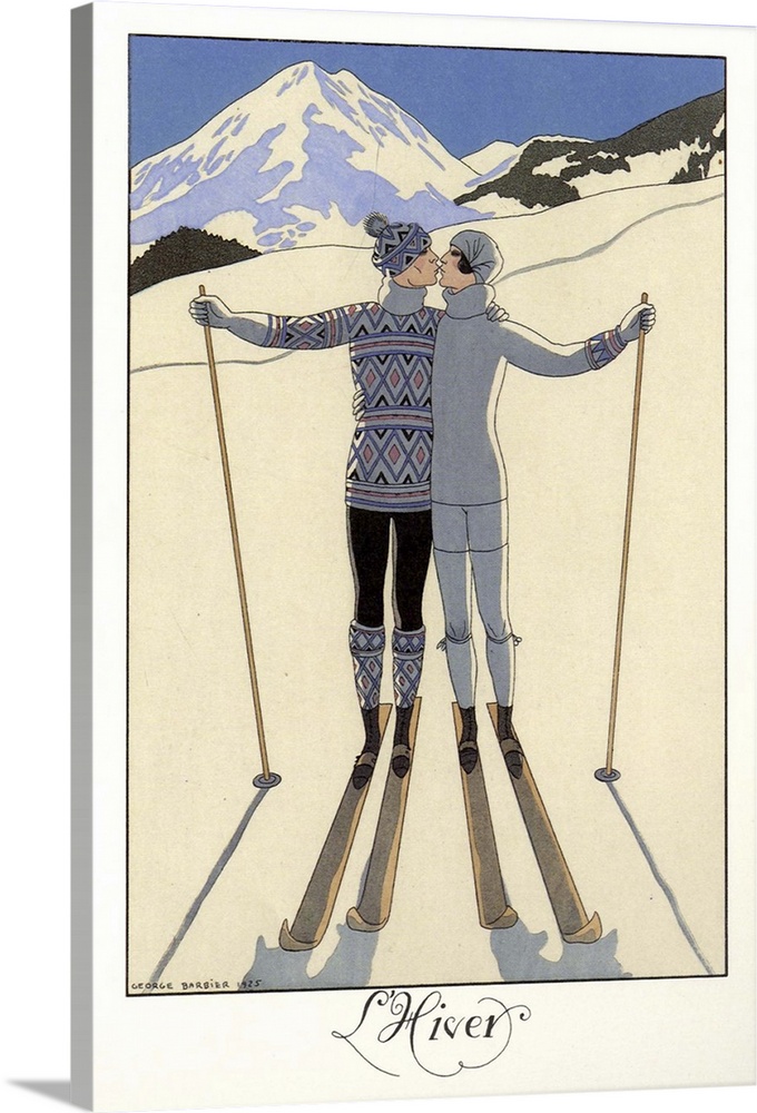 Artwork of a vintage fashion illustration of a woman displaying winter fashion while skiing.