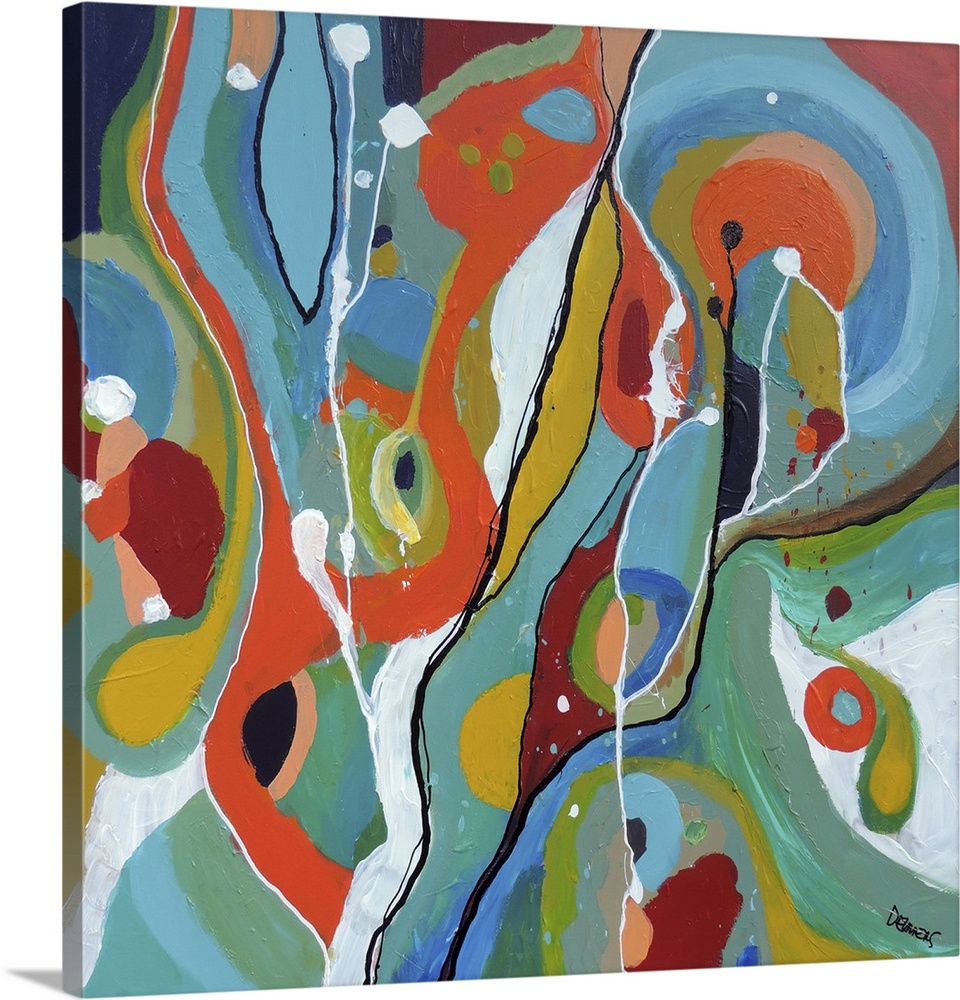 Contemporary abstract painting using wild colors and shapes.