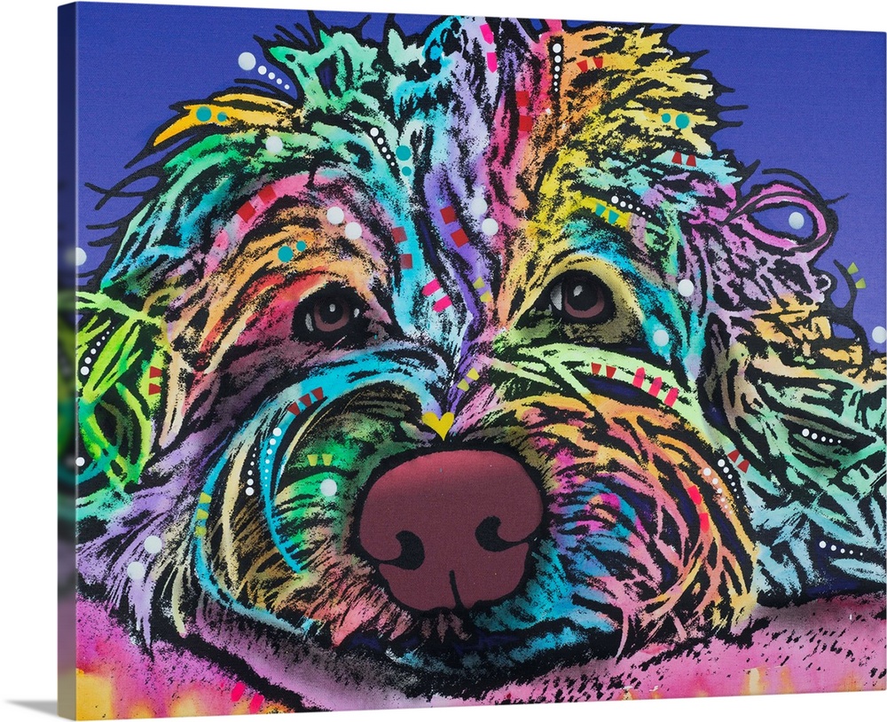 Colorful painting of a Bearded Collie resting its head with geometric designs throughout its hair.