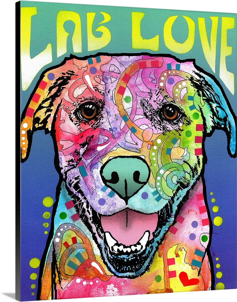 "Lab Love" written around a colorful painting of a Labrador with abstract markings on a blue and green background.