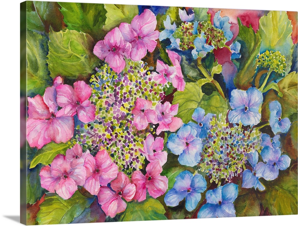 Colorful contemporary painting of pink and blue hydrangeas.