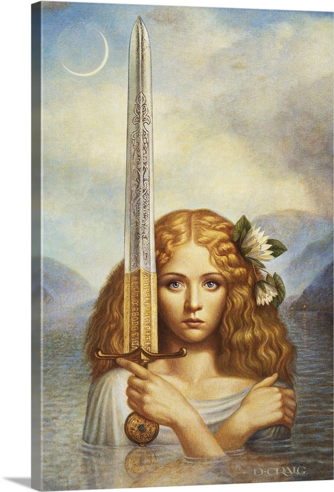 The lady of the lake emerges from a lake holding the sword Excalibur.