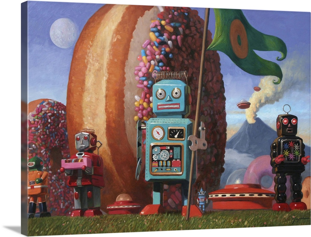 A contemporary painting of a blue retro toy robot holding a green flag with a donut on it while giant sprinkle donuts stan...