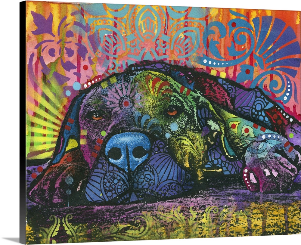 Pop art style painting of a lazy dog laying down on the ground with various colors and designs all over.