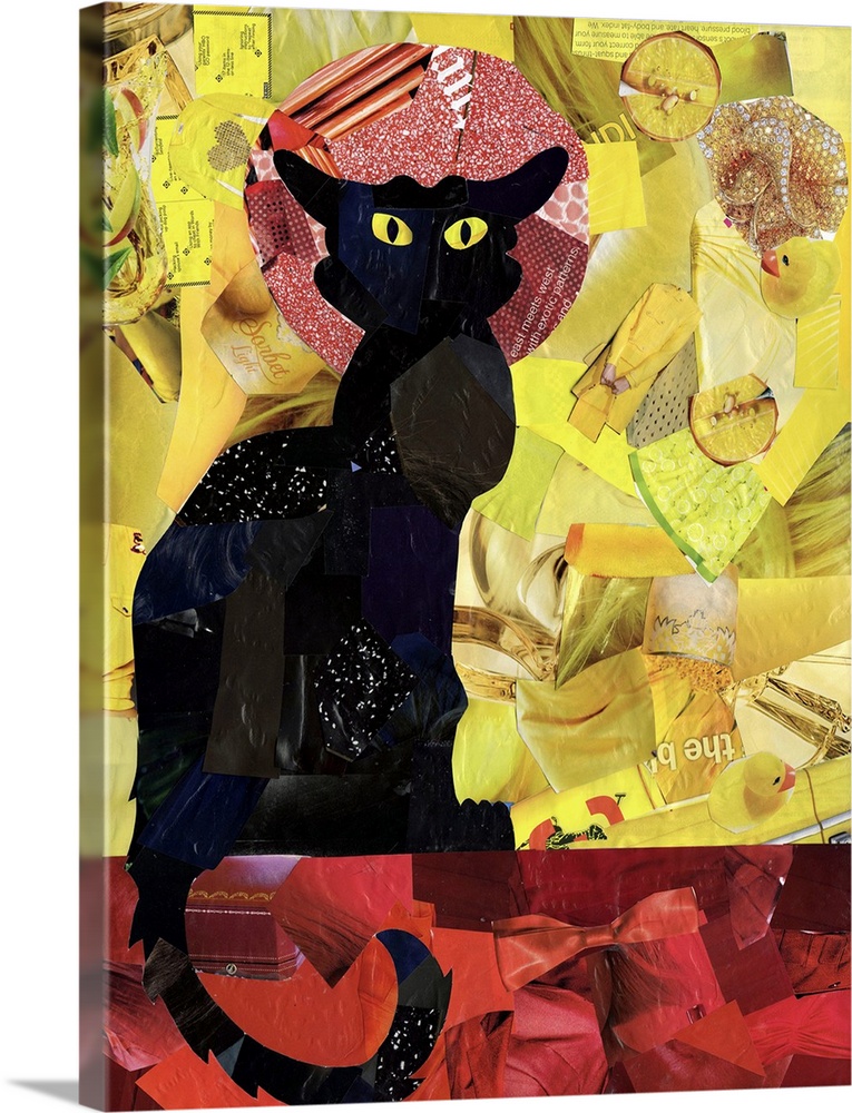 Multimedia collage of magazine clippings and paint of the famous Black Cat nightclub poster.
