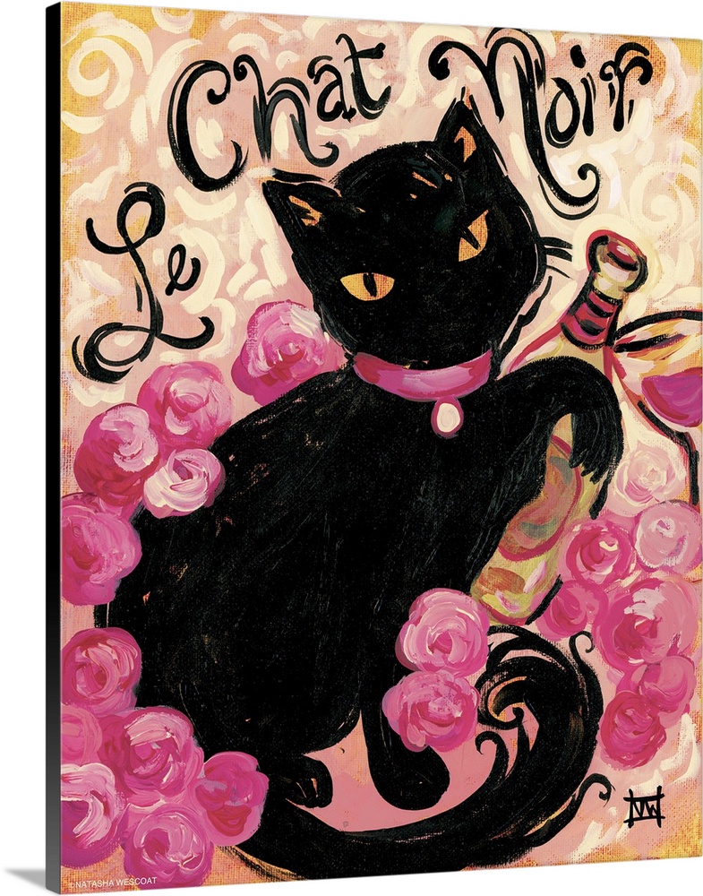 Painting of a black cat with a pink collar holding a bottle of wine.