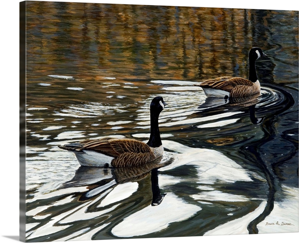 Contemporary artwork of geese swimming in a pond.