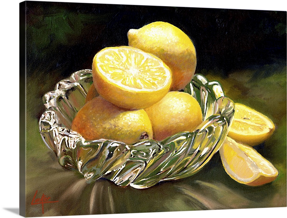 Still life painting of four lemons, one sliced, in a glass dish.