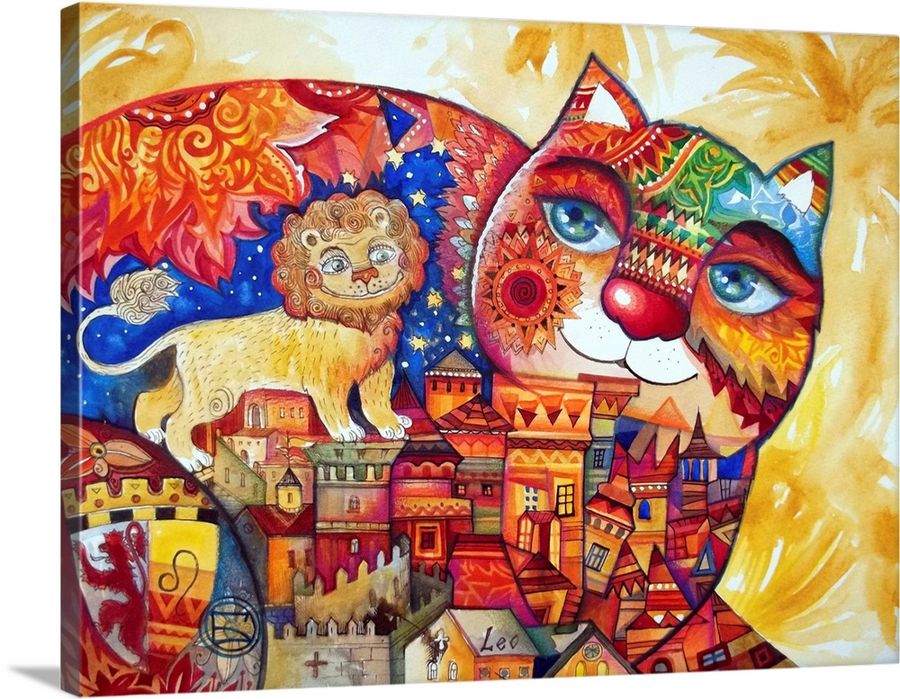 Watercolor painting of a cat decorated with symbols of the Leo zodiac sign.