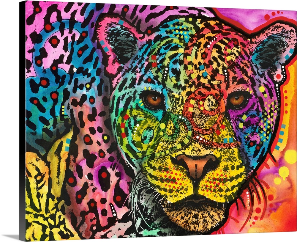 Close-up illustration of a Leopard with different colors and abstract markings all over.