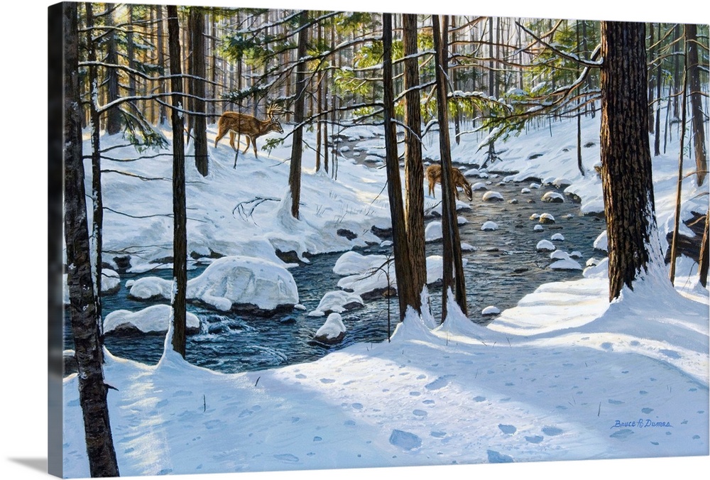 Contemporary artwork of deer heading towards a stream in a forest.