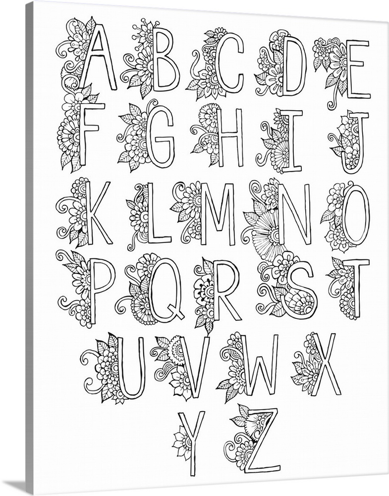 Black and white line art of the alphabet with each letter decorated with a floral design on its left side.