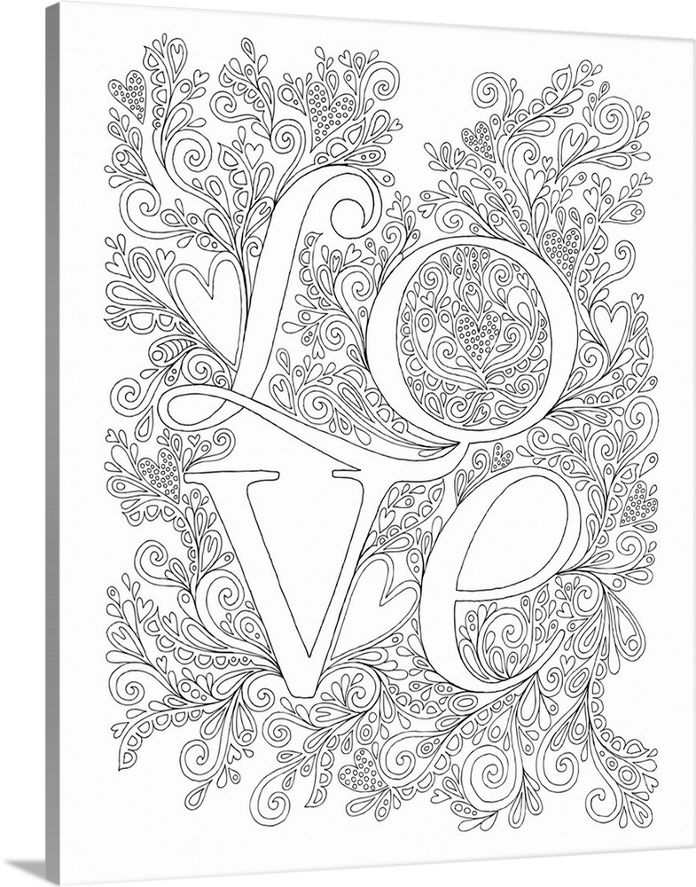 Black and white line art of the word "Love" written on an intricately designed background.