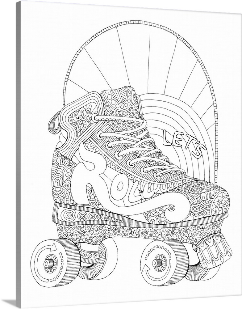 Black and white line art of an intricately designed roller skate with the phrase "Let's Roll" written on it.