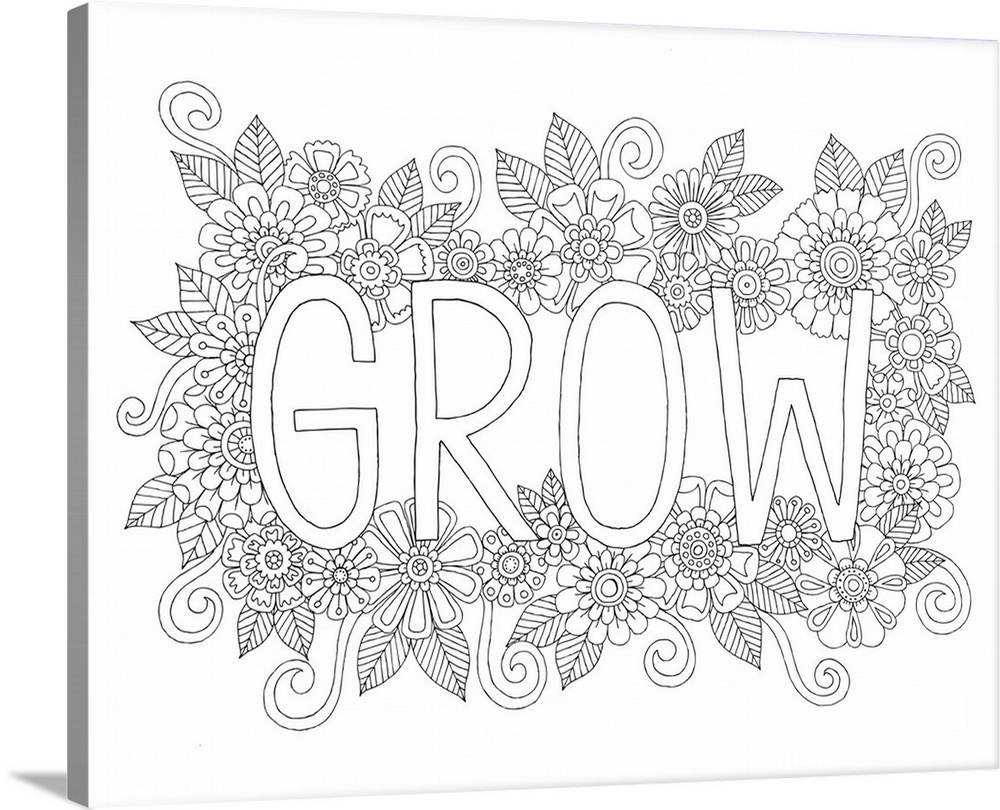 Black and white line art with the word "Grow" written in the center surrounded by flowers.