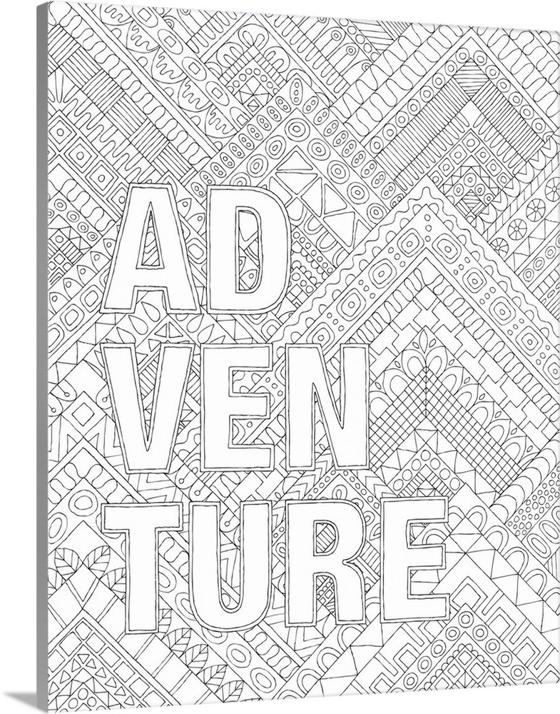 Black and white line art with the word "Adventure" broken up into three lines on an intricately designed background.