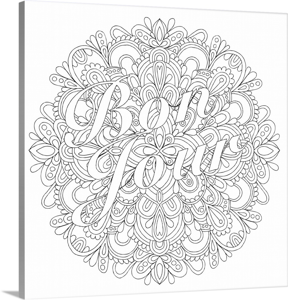 Black and white line art with the phrase "Bon Jour" written over a round floral design.