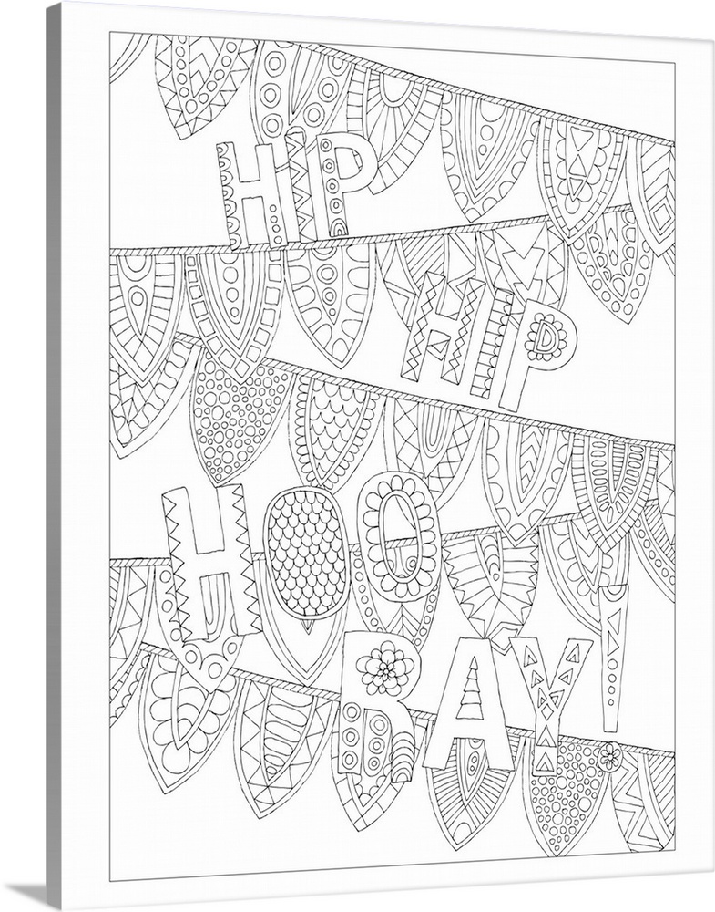 Black and white line art with the phrase "Hip Hip Hooray" written along intricately designed flag banners.