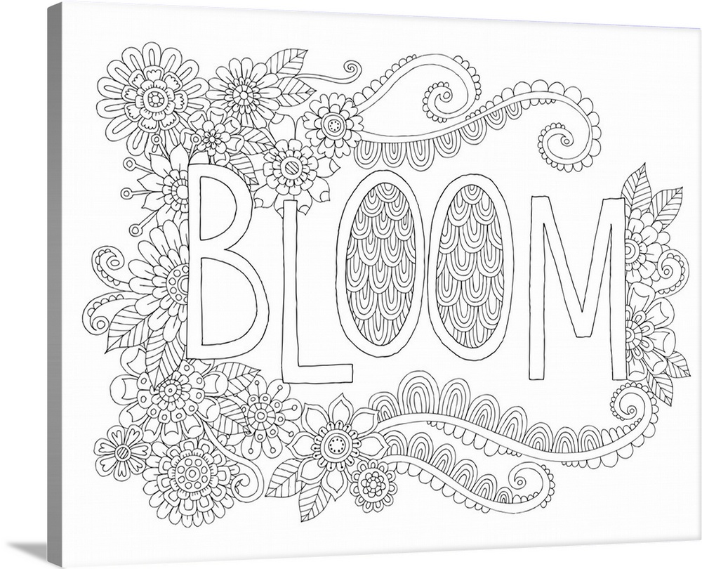 Black and white line art with the word "Bloom" written in the center and surrounded by flowers.