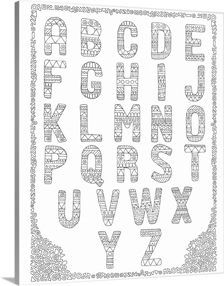 Black and white line art of the alphabet with each letter intricately designed with a pattern.