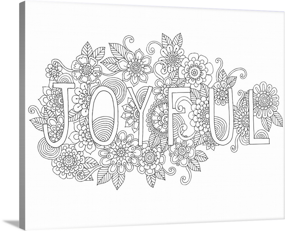 Black and white line art with the word "Joyful" surrounded by a floral design.