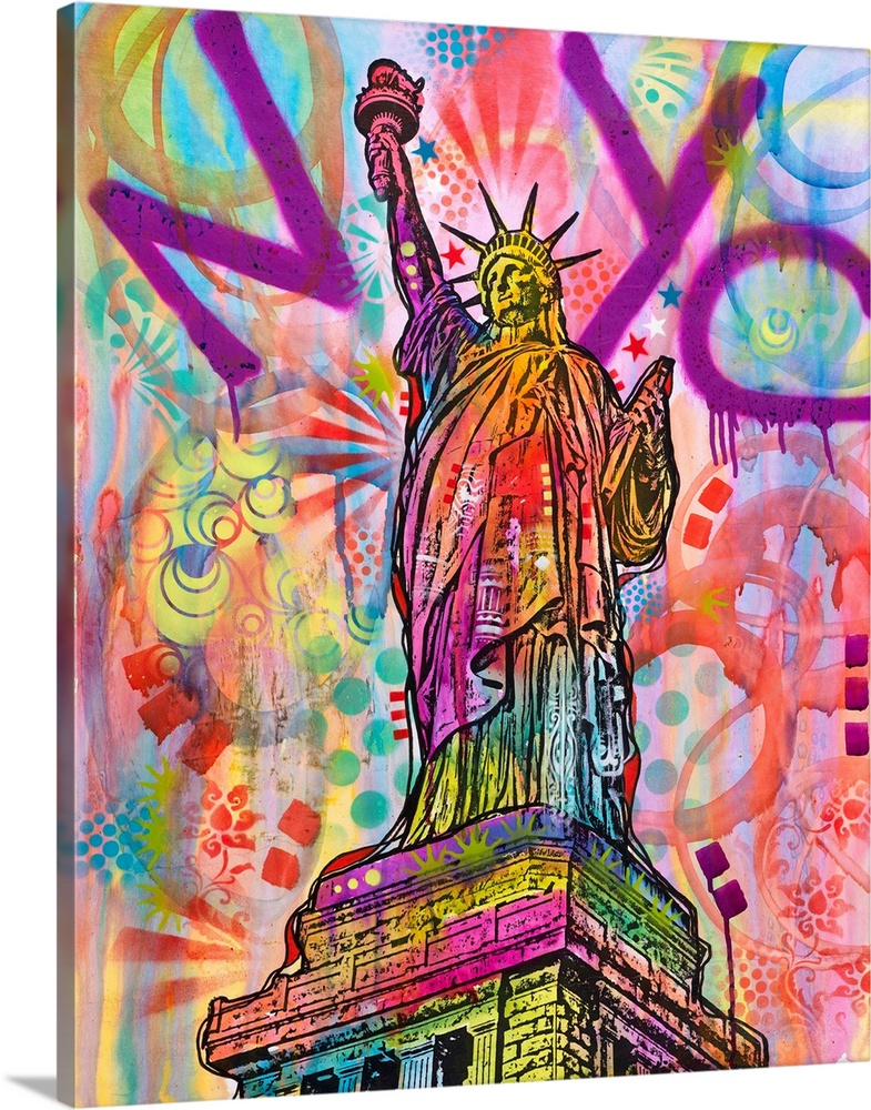 Graffiti style painting of the Statue of Liberty with "NYC" spray painted across the top in purple and and a colorful back...
