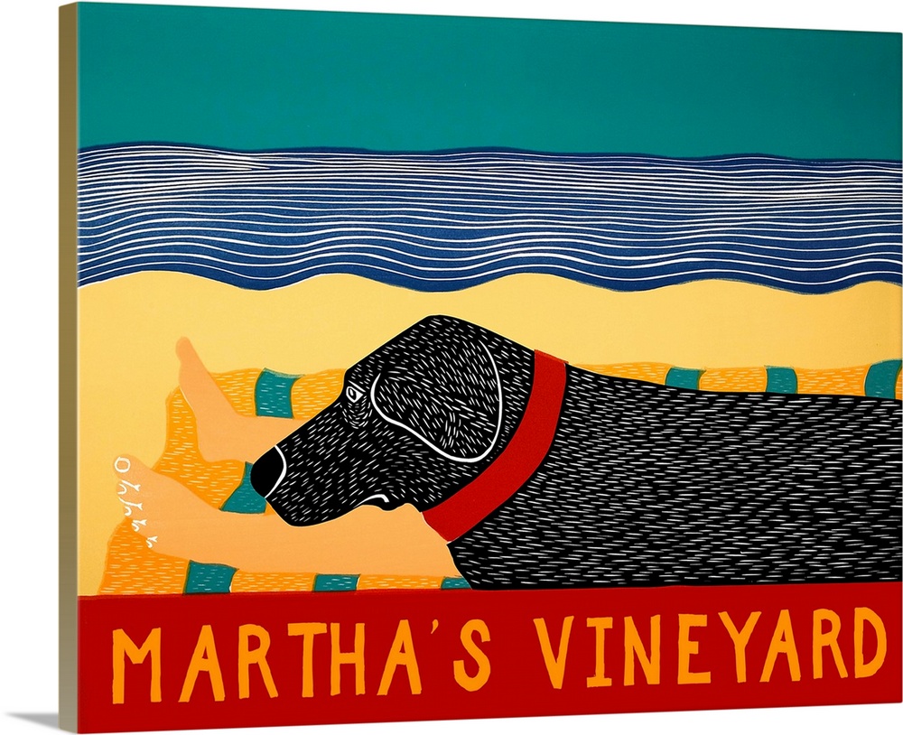 Illustration of a black lab laying next to its owner on the beach at Martha's Vineyard.