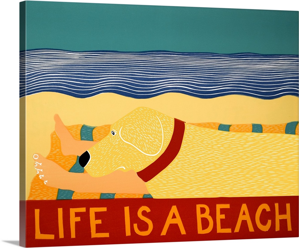 Illustration of a yellow lab laying next to its owner on the beach with the phrase "Life is a Beach" written on the bottom.