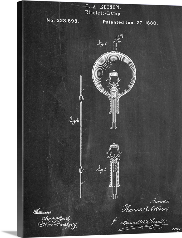 Black and white diagram showing the parts of Edison's incandescent lamp.