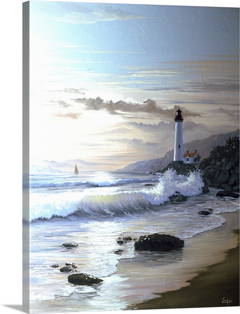 Contemporary painting of waves crashing on the coastline at twilight, with a lighthouse in the distance.